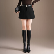 毛呢半身裙短裙小A字短裙褲女2025冬季新款韓版高腰顯瘦時(shí)尚百搭 黑色 S