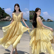 夏季新款巴厘島海邊度假黃色沙灘裙女復古顯瘦韓版連衣裙超仙長(cháng)裙 黃色1050# XL