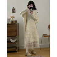 自由姑娘秋裝穿搭一整套微胖mm法式巨好看感慵懶風(fēng)針織開(kāi)衫連衣裙套裝 杏色 均碼