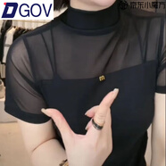 DGOV2025夏季新款百搭性感短袖t恤半高領(lǐng)時(shí)尚修身洋氣小衫蕾絲上衣 黑色 M 85-110斤