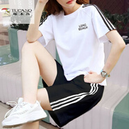 啄木鳥（TUCANO）棉休閑運(yùn)動(dòng)服套裝女夏舒適透氣大碼寬松學(xué)生短袖短褲跑步兩件套 黑白套裝 字母 XL 純棉 110-125斤
