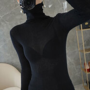 JINJIAXIAN春秋微透堆堆領(lǐng)女套頭針織打底衫高領(lǐng)毛衣緊身長(cháng)袖薄款內搭 黑色 S