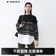 S.DEER圣迪奧女裝羅紋圓領(lǐng)格紋針織拼接不規則襯衫S21480508 黑色/91 M/165
