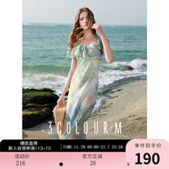 三彩2025秋款雪紡印花連衣裙荷葉邊一字肩兩穿長(cháng)裙度假風(fēng)M 薄荷綠花卉 XL 170/92A