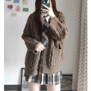 慵懶風(fēng)毛衣外套女開(kāi)衫寬松外穿中長(cháng)款粗線(xiàn)麻花針織上衣毛衣女秋冬 卡其色 均碼 均碼