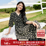 尚都比拉度假風碎花連衣裙女夏天V領氣質中長裙收腰A字雪紡裙子 黑花 XL