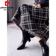 皮爾卡丹（pierre cardin）格子流蘇半身裙女秋冬季新款復古裙子高腰加厚長(cháng)裙大擺毛線(xiàn)針織裙 灰色 S