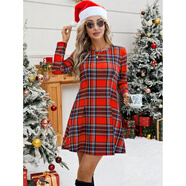 2025跨境格子圓領(lǐng)長(cháng)袖連衣裙圣誕歐美優(yōu)雅復古風(fēng)歐美 連衣裙 S