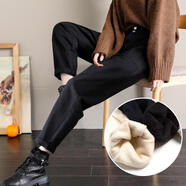 莫代爾加絨加厚哈倫牛仔褲女寬松秋冬季2025新款高腰直筒減齡顯瘦褲子 黑色 加絨 M 適合100-110斤