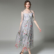 2025夏季新款歐洲站女裝大擺長(cháng)裙中袖透視重工薄紗刺繡花朵連衣裙 灰色 S