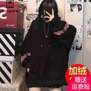 AEMAPE美式復古黑色衛衣女春秋款連帽hiphop冬季上衣加絨加厚外套閨蜜裝 黑色【加絨款】 L (建議95-110斤)
