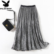 花花公子高品質(zhì)秋季夢的時光藝術(shù)感燙銀壓褶半裙女裝光輝松緊腰百褶裙子 流光銀灰(妍衣坊同款) 均碼