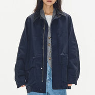 7AM10PM個(gè)性拼牛仔領(lǐng)外套女藏青色夾棉風(fēng)衣寬松抽褶工裝外套上衣 藏青色常規版 S S