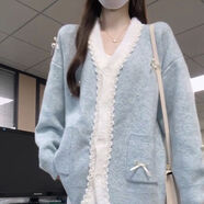 悠菲詩(shī)女毛衣秋冬高級小個(gè)子外套日系復古淺藍色蝴蝶結針織開(kāi)衫女蕾絲邊 藍色 S 80-90