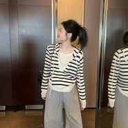 日雜風(fēng)假兩件連帽條紋針織衛衣女春季薄款寬松慵懶風(fēng)短版t恤上衣 白條紋紙片人穿搭千金風(fēng)甜辣純欲風(fēng)配吊帶背心歐貨小衫 S S