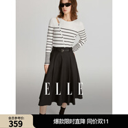ELLE假兩件拼接撞色鏤空條紋連衣裙女2024春裝新款修身系帶裙子 黑白條紋 S