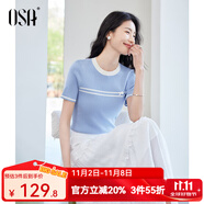 歐莎（OSA）拼接撞色圓領(lǐng)針織衫女氣質(zhì)顯瘦套頭衫2025年夏季新款T恤上衣 藍(lán)色 L