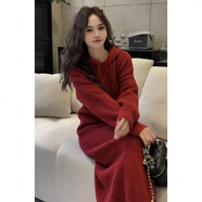 亮絲圣誕新年紅色連帽長(cháng)款打底衫毛衣裙秋冬女加厚寬松針織連衣裙 圣誕紅色 S 建議85-100斤