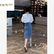 夏典素訂女王（SE.PSTP）牛仔裙半身裙小個(gè)子夏薄款顯瘦側開(kāi)叉a字包臀裙遮肚子遮胯高腰裙 娃娃領(lǐng)白色襯衫+牛仔半身裙 S