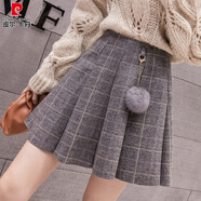 皮爾卡丹（pierre cardin）毛呢半身裙子女春秋2025新款時(shí)尚百褶裙百搭顯瘦高腰冬天a字短裙 灰格 S