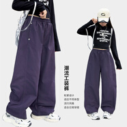 富羅迷女童褲子春秋新款潮流百搭工裝褲中大童寬松休閑闊腿褲 紫色 140