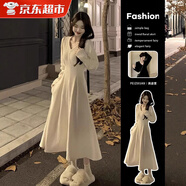 LZJV白色v領(lǐng)內搭打底針織毛衣連衣裙子女早秋裝2025新款法式氣質(zhì)長(cháng)裙 白色 L