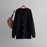 問(wèn)盞歐美V領(lǐng)針織開(kāi)衫女2025秋冬純色寬松中長(cháng)款毛衣外 黑色 均碼