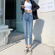 Via Roma 15150小個(gè)子八分彈力牛仔褲女春薄款高腰緊身顯瘦煙管褲九分鉛筆褲 淺藍-9分褲 25