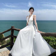 透明薄紗連衣裙巨好看白色雪紡沙灘長(cháng)裙女夏季深v領(lǐng)掛脖收腰露背 白色 S