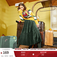 兩三事絲絨半身裙春季女黑色百褶裙裙子復古半裙長(cháng)裙 開(kāi)心自轉體 綠色 厚款 S