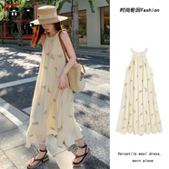 芭芙達妮氣質(zhì)無(wú)袖連衣裙女2025夏季新款百搭印花掛脖時(shí)尚休閑大擺裙長(cháng)裙女 杏色連衣裙【薄款】 M 86-105斤