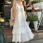 小野七天仙女白色連衣裙海邊度假沙灘裙高級感遮肚子減齡吊帶長(cháng)裙夏季 白色蕾絲吊帶裙 L