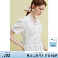 范思藍恩23FS12642茶歇法式碎花連衣裙女夏季新款V領(lǐng)沙灘長(cháng)裙 白底紫花 S