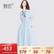 魅斑復古領(lǐng)結Polo領(lǐng)連衣裙女2025夏日茶歇裙100%棉襯衫裙 藍色 L