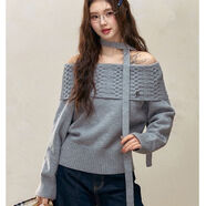 傲甜毛衣女韓系新款秋冬長(cháng)袖毛衣慵懶2025一字肩設計露背針織衫性感 淺灰色 M 95-105斤