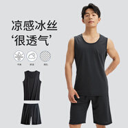 WONST新款睡衣男士夏季薄款冰絲涼感背心短褲套裝外出運動(dòng)服寬松大碼家 黑色套裝 XXXL[建議體重190220斤] 均碼