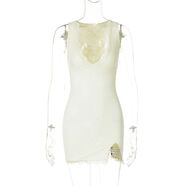 歐美風(fēng)性感深V領(lǐng)提花蕾絲拼接無(wú)袖連衣裙女高腰修身側開(kāi)叉短裙子 杏色 XS XS