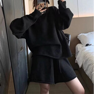 UKUHPK韓國代購初秋白色寬松慵懶風(fēng)圓領(lǐng)毛衣高腰短褲針織套裝女 黑色 均碼