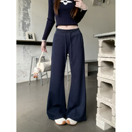 慵懶風(fēng)高腰抽繩女褲顯瘦垂感微喇長(cháng)褲 藍色 L