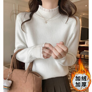 香影純一體加絨加厚半高領(lǐng)毛衣針織衫女春秋中領(lǐng)蕾絲拼接內搭打底衫上衣 白色 S (建議95斤以?xún)?