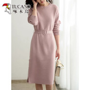 啄木鳥(niǎo)連衣裙女秋冬厚寬松腰帶顯瘦純色簡(jiǎn)約中長(cháng)款針織配大衣打底裙外搭 粉色 3XL 建議145左右