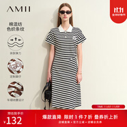 AMII女裝2025夏季新款夏季連肩袖撞色條紋翻領(lǐng)修身收腰中長棉 白黑條 L 165/88A