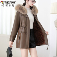 啄木鳥(niǎo)連帽帶大毛領(lǐng)皮衣外套女中長(cháng)款2026冬季新款抽繩收腰顯瘦加絨加厚 保暖咖啡色【抽繩收腰】 可拆大毛領(lǐng) XL 85-110斤