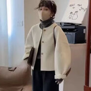 紫淑（Sweet basil）雙面羊絨大衣女短款秋季新款韓版圓領(lǐng)單排扣小香風(fēng)羊毛呢外套 米白 S  建議90-115斤