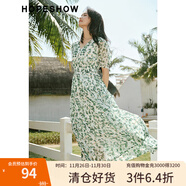 紅袖梨形身材顯瘦連衣裙夏季2024新款女裝 收腰V領(lǐng)垂感綠色碎花雪紡裙 綠花602 M