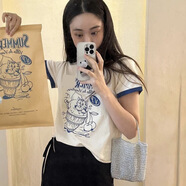 現viap*ain復古小貓summer字母印花拼色圓領(lǐng)短袖T恤女生春夏新品 奶白色 S