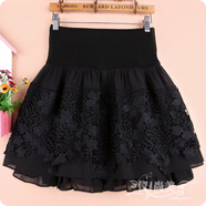 蕾絲短裙女春夏a字百褶雪紡半身裙蓬蓬裙子大碼高腰黑色打底裙褲 黑色 M 11碼腰圍1尺9到2尺1