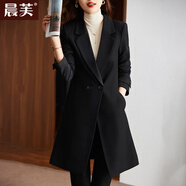 晨芙中長(cháng)款小西裝外套女氣質(zhì)職業(yè)套裝時(shí)尚風(fēng)衣工作服大衣加厚夾棉西服 (常規)黑色外套+西褲 L 建議100-112斤
