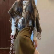 秋冬美拉德穿搭假兩件斗篷針織毛衣女慵懶風(fēng)拼接流蘇上衣開(kāi)衫外套 【套裝】斗篷毛衣+半身裙 S