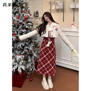 月半晴（YUEBANQING）學(xué)院風(fēng)假兩件拼接毛呢連衣裙女春冬收腰顯瘦紅色格子新年穿搭裙子 羊羔毛外套+長(cháng)款連衣裙【兩件套 M 建議【100-110斤】